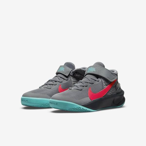 Buty Do Koszykówki Dziecięce Nike Team Hustle D 10 FlyEase Older Szare Ciemny Szare Turkusowe Czerwone | NK205EOZ