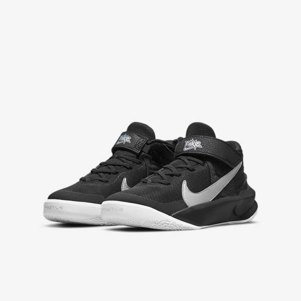 Buty Do Koszykówki Dziecięce Nike Team Hustle D 10 FlyEase Older Czarne Białe Metal Srebrne | NK532HWE