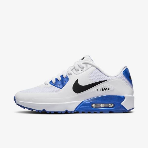 Buty Golfowe Damskie Nike Air Max 90 G Białe Niebieskie Platyna Czarne | NK241RGF