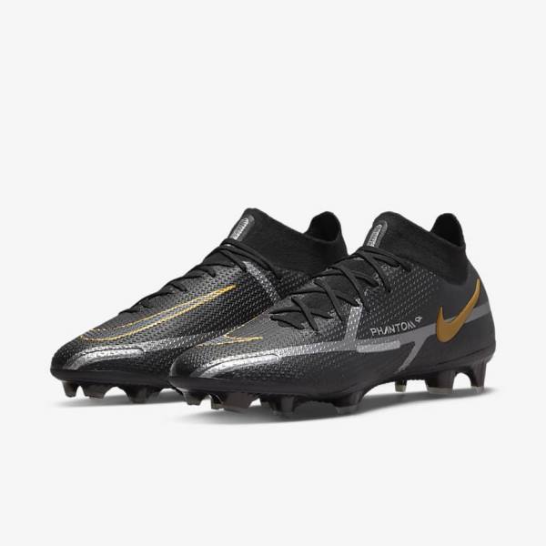 Buty Piłkarskie Damskie Nike Phantom GT2 Dynamic Fit Elite FG Firm-Ground Czarne Metal Złote Metal Srebrne Metal Ciemny Szare | NK078PVU