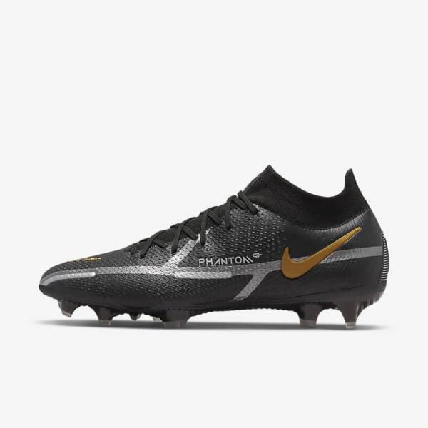 Buty Piłkarskie Damskie Nike Phantom GT2 Dynamic Fit Elite FG Firm-Ground Czarne Metal Złote Metal Srebrne Metal Ciemny Szare | NK078PVU