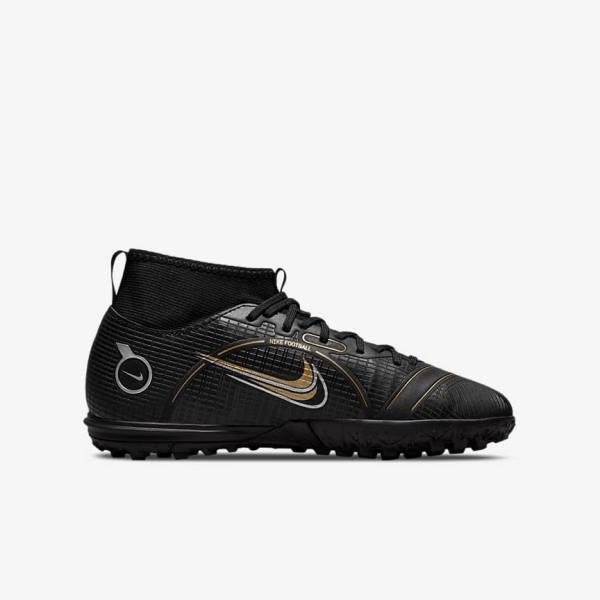 Buty Piłkarskie Dziecięce Nike Jr. Mercurial Superfly 8 Academy TF Older Turf Czarne Metal Srebrne Szare Metal Złote | NK179JTX