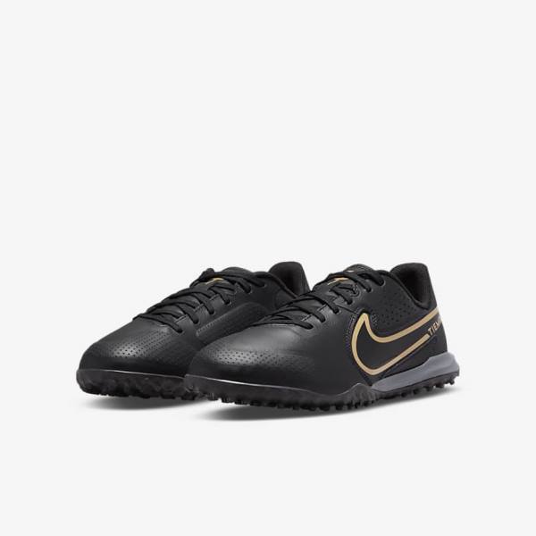 Buty Piłkarskie Dziecięce Nike Jr. Tiempo Legend 9 Academy TF Older Turf Czarne Ciemny Szare Metal Złote Czarne | NK719EQR