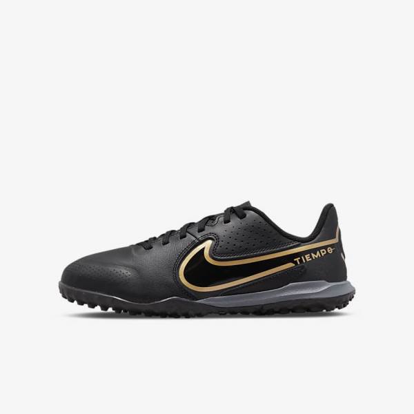 Buty Piłkarskie Dziecięce Nike Jr. Tiempo Legend 9 Academy TF Older Turf Czarne Ciemny Szare Metal Złote Czarne | NK719EQR