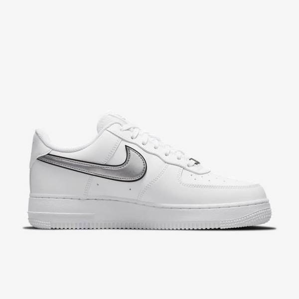 Trampki Damskie Nike Air Force 1 07 Essential Białe Czarne Metal Srebrne | NK134FPM