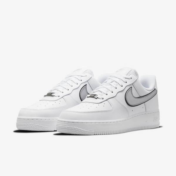 Trampki Damskie Nike Air Force 1 07 Essential Białe Czarne Metal Srebrne | NK134FPM