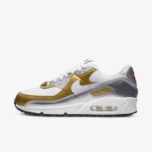 Trampki Damskie Nike Air Max 90 SE Białe Metal Złote Metal Srebrne Białe | NK910WUD