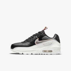 Trampki Dziecięce Nike Air Max 90 LTR SE Older Czarne Białe Metal Niebieskie Szare | NK591DCM